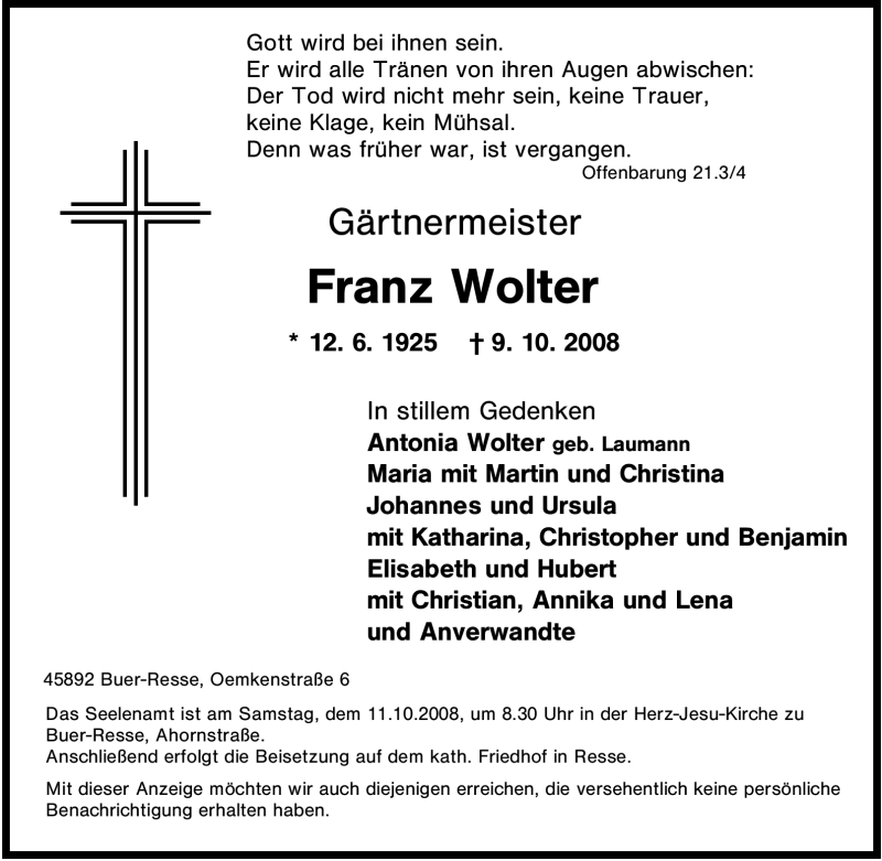  Traueranzeige für Franz Wolter vom 10.10.2008 aus Tageszeitung