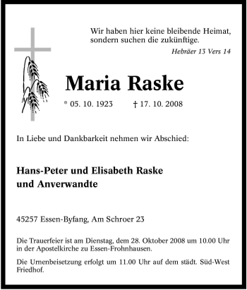 Traueranzeige von Maria Raske von WESTDEUTSCHE ALLGEMEINE ZEITUNG