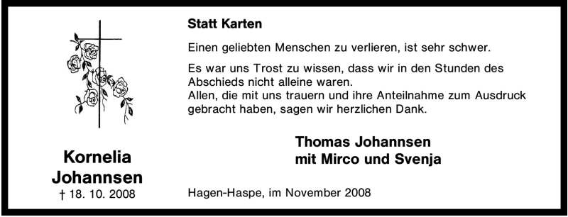  Traueranzeige für Kornelia Johannsen vom 08.11.2008 aus Tageszeitung