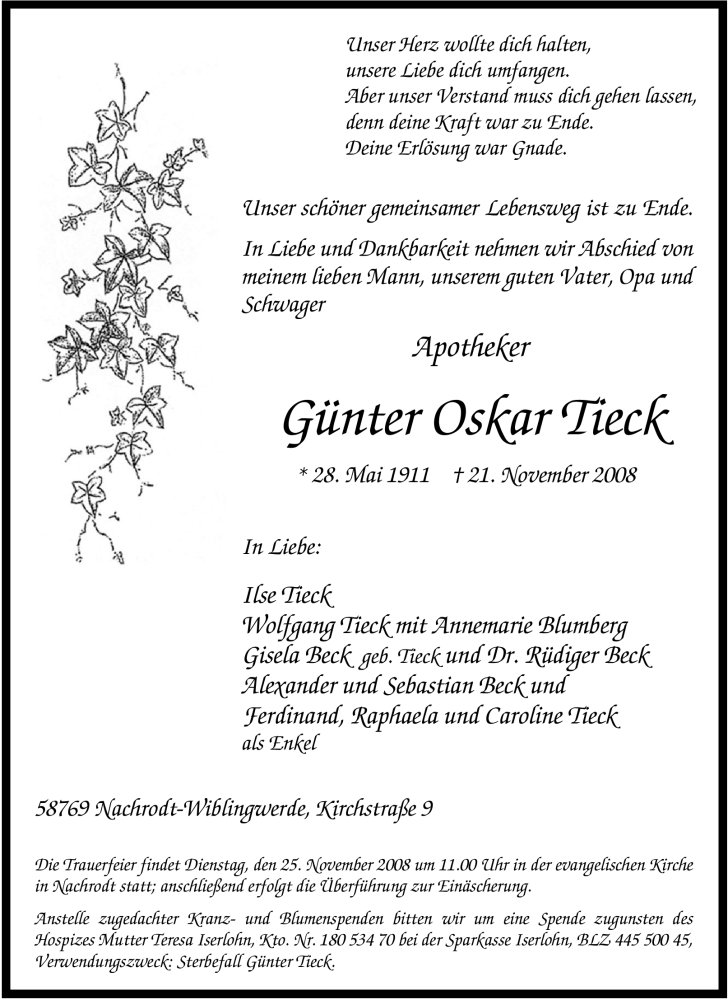  Traueranzeige für Günter Oskar Tieck vom 22.11.2008 aus Tageszeitung