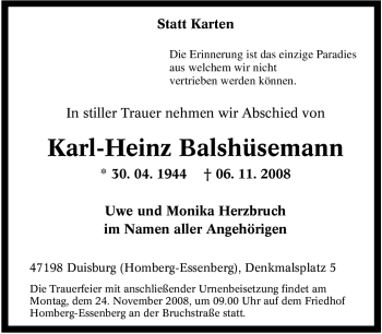 Traueranzeige von Karl-Heinz Balshüsemann von Tageszeitung
