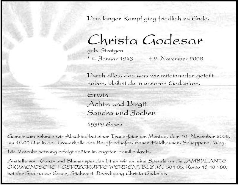  Traueranzeige für Christa Godesar vom 07.11.2008 aus Tageszeitung