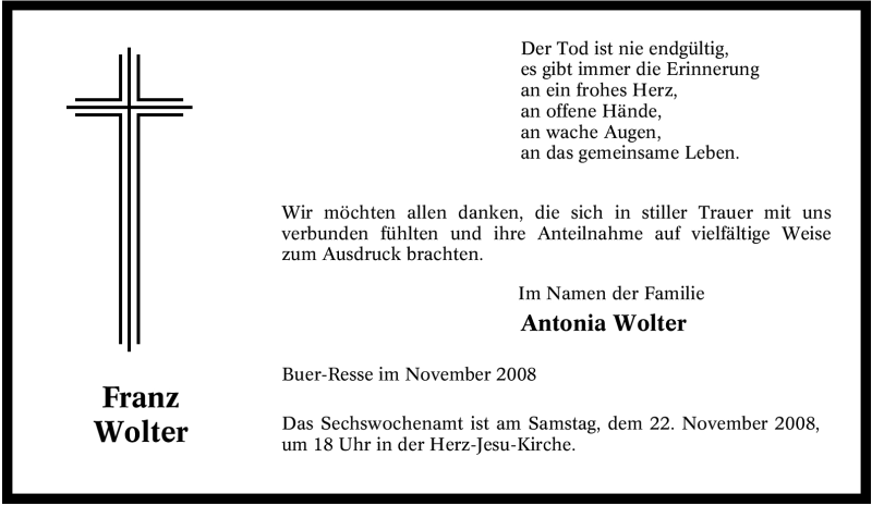  Traueranzeige für Franz Wolter vom 15.11.2008 aus Tageszeitung