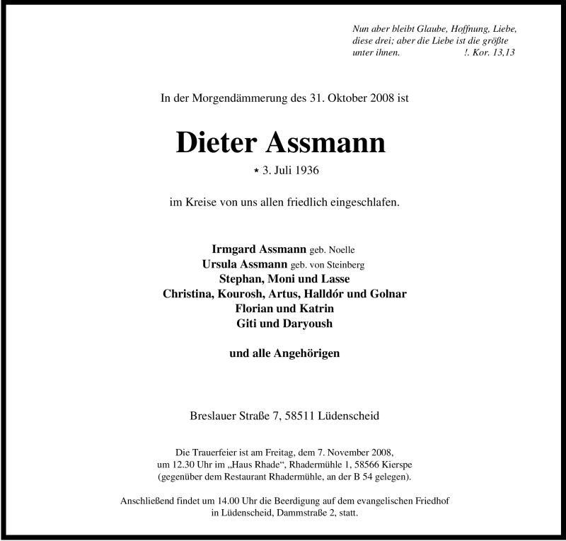  Traueranzeige für Dieter Assmann vom 04.11.2008 aus Tageszeitung