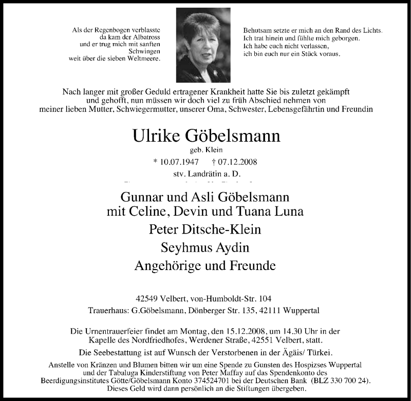  Traueranzeige für Ulrike Göbelsmann vom 13.12.2008 aus Tageszeitung