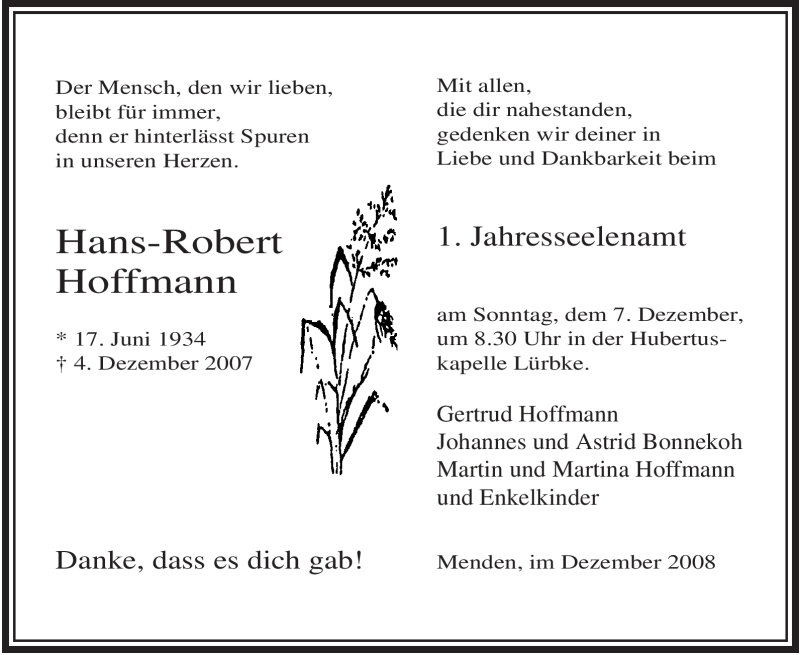  Traueranzeige für Hans-Robert Hoffmann vom 03.12.2008 aus WESTDEUTSCHE ALLGEMEINE ZEITUNG