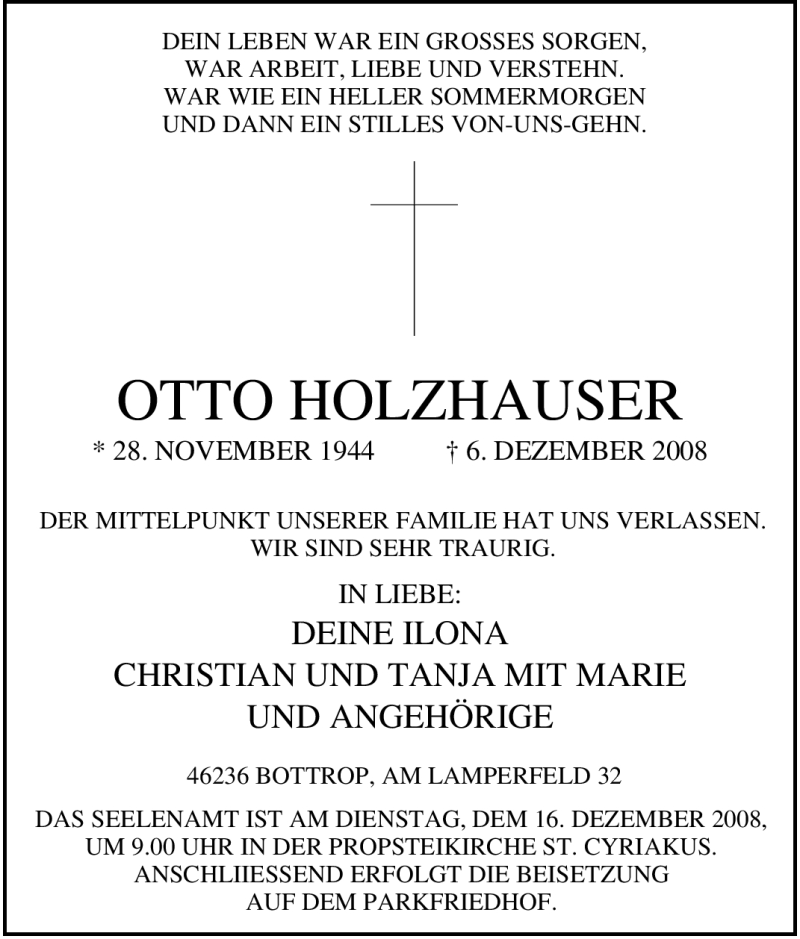  Traueranzeige für Otto Holzhauser vom 11.12.2008 aus Tageszeitung