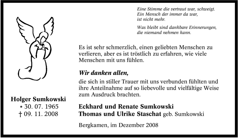  Traueranzeige für Holger Sumkowski vom 11.12.2008 aus Tageszeitung
