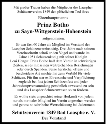 Traueranzeige von Bothozu zu Sayn-Wittgenstein-Hohenstein von Tageszeitung