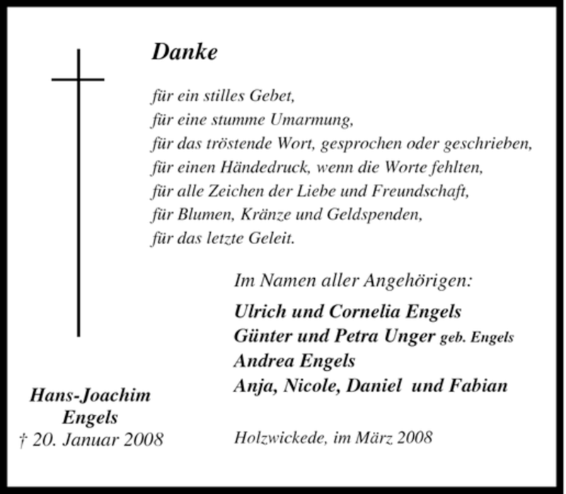  Traueranzeige für Hans-Joachim Engels vom 29.03.2008 aus Tageszeitung