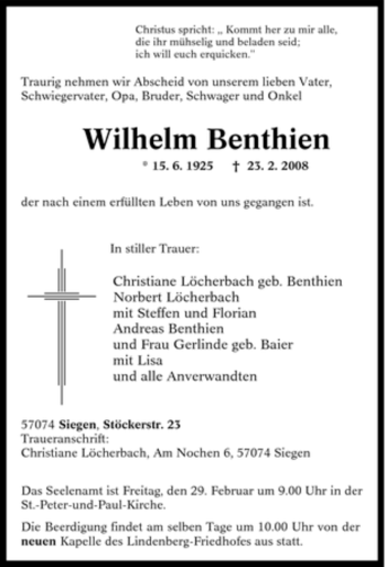 Traueranzeige von Wilhelm Benthien von Tageszeitung