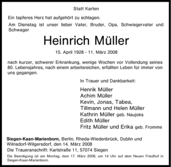 Traueranzeige von Heinrich Müller von Tageszeitung