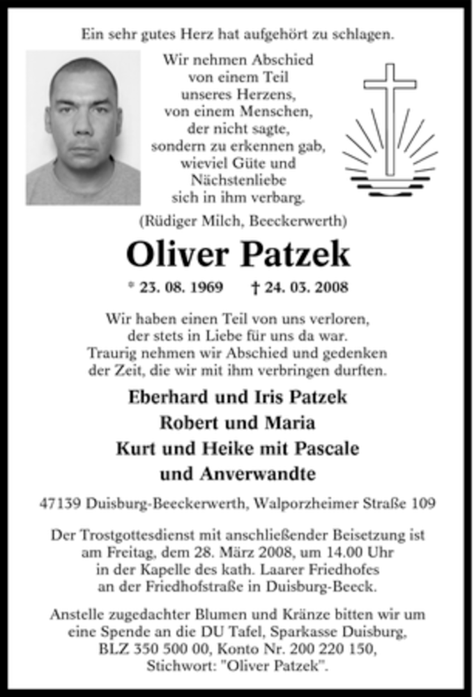  Traueranzeige für Oliver Patzek vom 27.03.2008 aus Tageszeitung