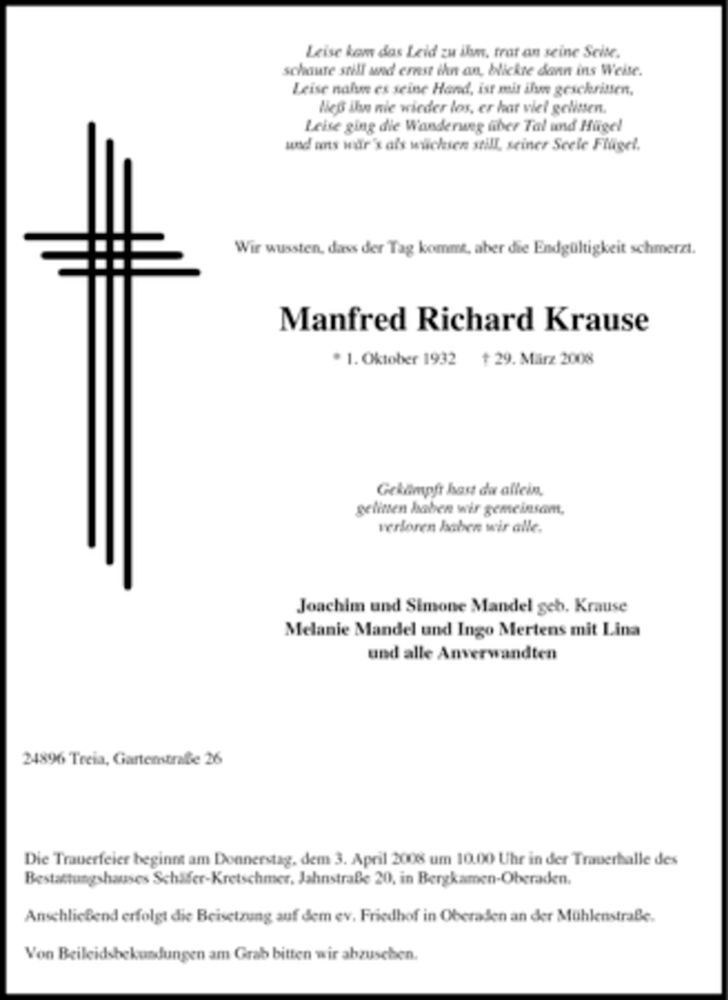  Traueranzeige für Manfred Richard Krause vom 31.03.2008 aus Tageszeitung