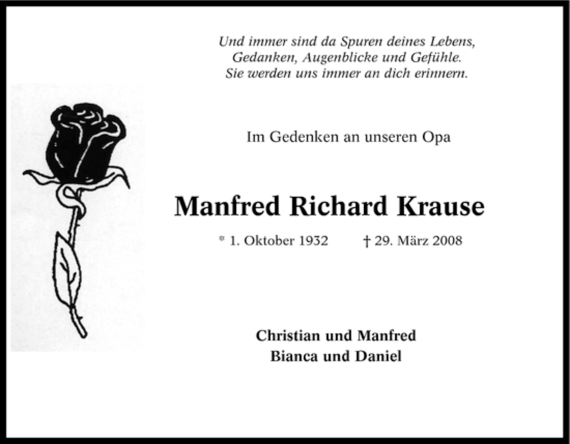  Traueranzeige für Manfred Richard Krause vom 31.03.2008 aus Tageszeitung