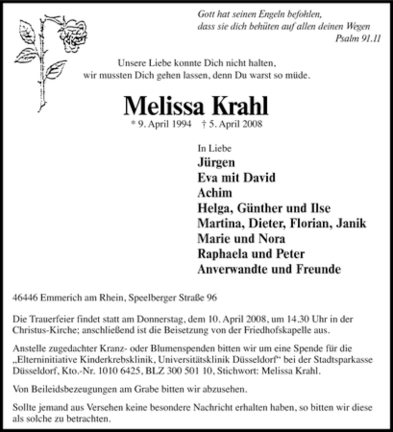  Traueranzeige für Melissa Krahl vom 09.04.2008 aus Tageszeitung