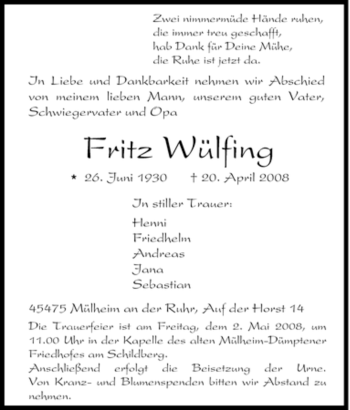 Traueranzeige von Fritz Wülfing von Tageszeitung