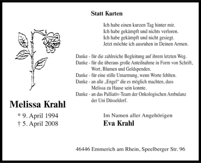  Traueranzeige für Melissa Krahl vom 10.05.2008 aus Tageszeitung