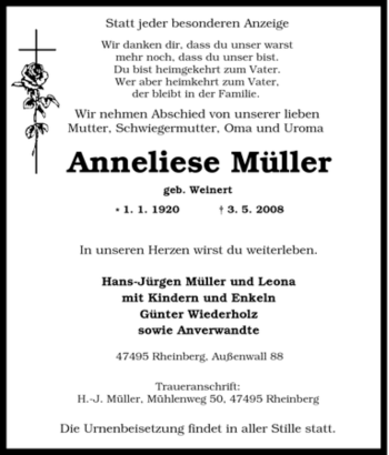 Traueranzeige von Anneliese Müller von Tageszeitung