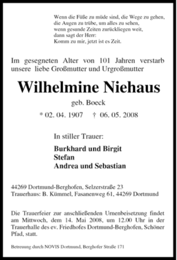 Traueranzeige von Wilhelmine Niehaus von Tageszeitung