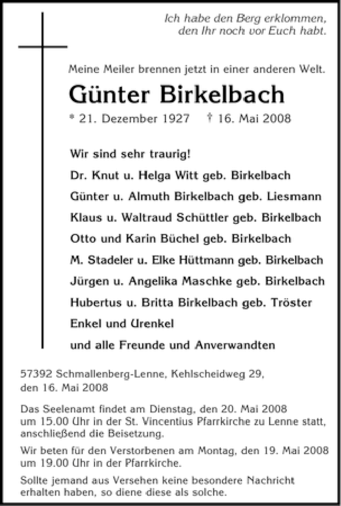  Traueranzeige für Günter Birkelbach vom 17.05.2008 aus Tageszeitung