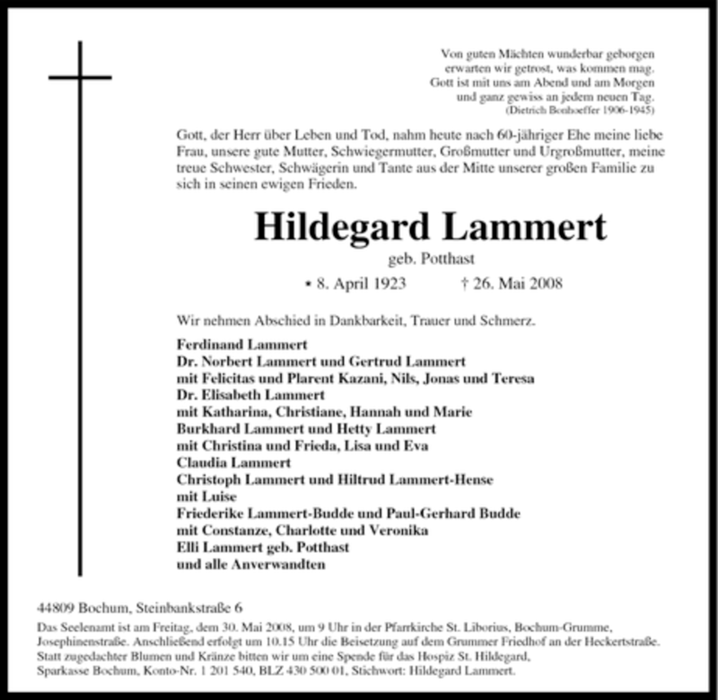  Traueranzeige für Hildegard Lammert vom 28.05.2008 aus WESTDEUTSCHE ALLGEMEINE ZEITUNG