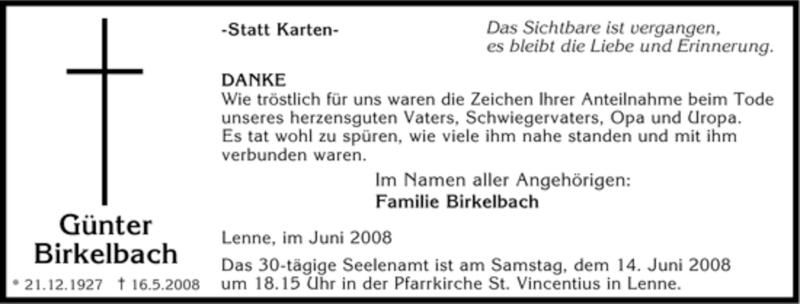  Traueranzeige für Günter Birkelbach vom 13.06.2008 aus Tageszeitung