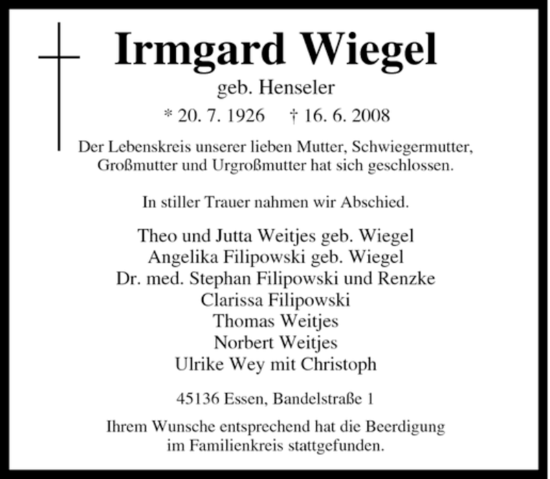  Traueranzeige für Irmgard Wiegel vom 26.06.2008 aus Tageszeitung