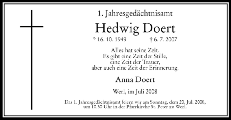  Traueranzeige für Hedwig Doert vom 12.07.2008 aus WESTDEUTSCHE ALLGEMEINE ZEITUNG