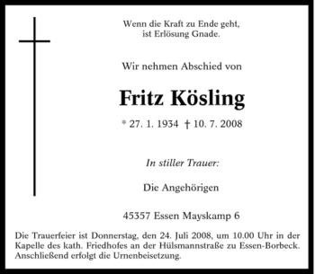 Traueranzeige von Fritz Kösling von WESTDEUTSCHE ALLGEMEINE ZEITUNG