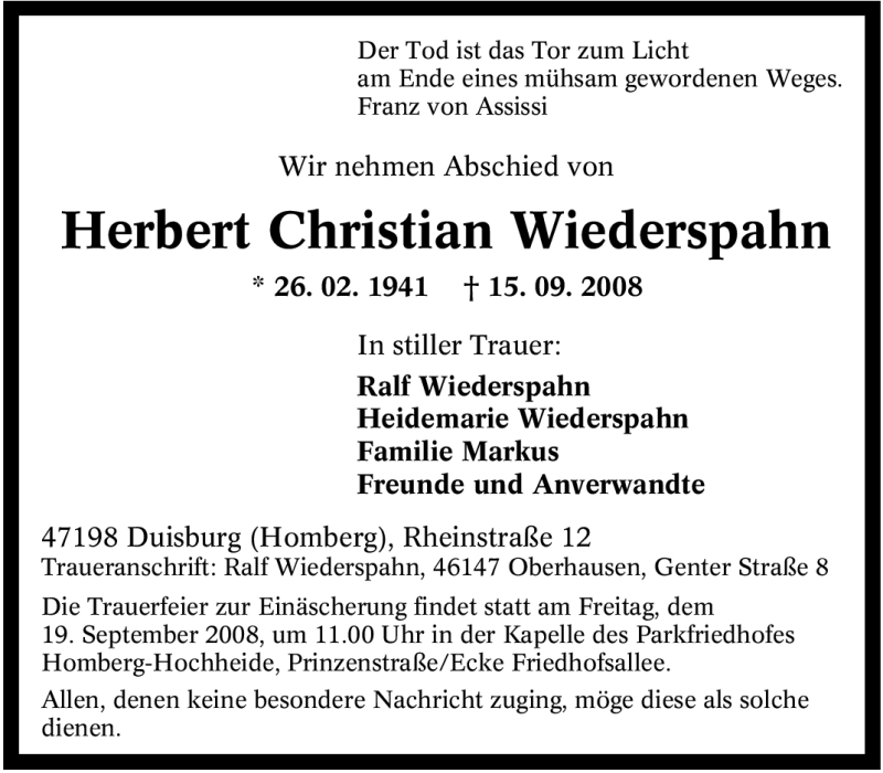 Traueranzeige für Herbert Christian Wiederspahn vom 17.09.2008 aus Tageszeitung