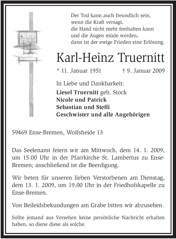  Traueranzeige für Karl-Heinz Truernitt vom 12.01.2009 aus Tageszeitung