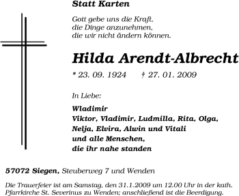 Traueranzeige von Hilda Arendt-Albrecht von Tageszeitung
