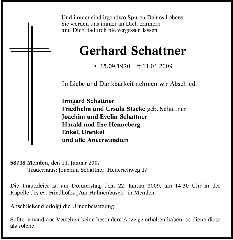  Traueranzeige für Gerhard Schattner vom 14.01.2009 aus Tageszeitung