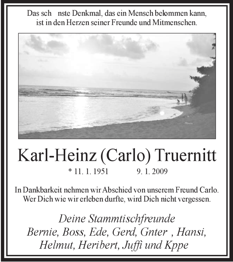  Traueranzeige für Karl-Heinz Truernitt vom 13.01.2009 aus Tageszeitung