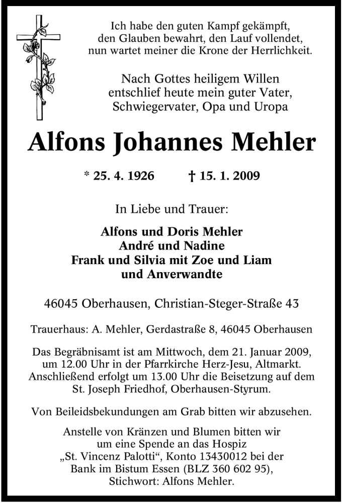  Traueranzeige für Alfons Johannes Mehler vom 17.01.2009 aus Tageszeitung