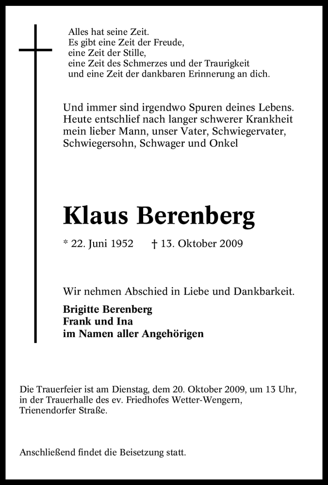  Traueranzeige für Klaus Berenberg vom 15.10.2009 aus Tageszeitung