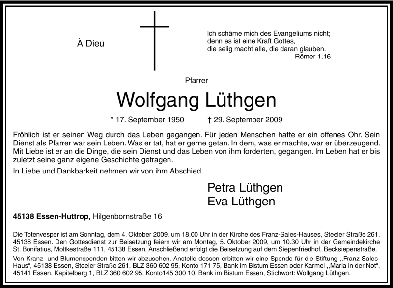  Traueranzeige für Wolfgang Lüthgen vom 01.10.2009 aus Tageszeitung