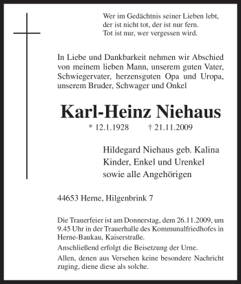 Traueranzeige von Karl-Heinz Niehaus von Tageszeitung