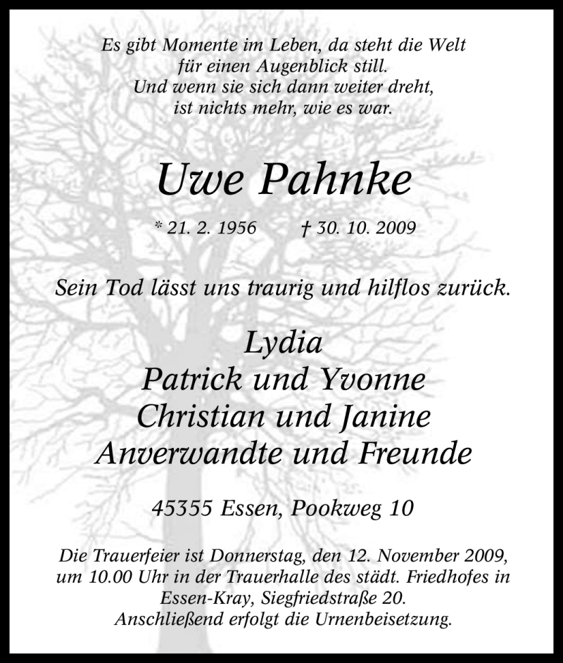  Traueranzeige für Uwe Pahnke vom 07.11.2009 aus WESTDEUTSCHE ALLGEMEINE ZEITUNG