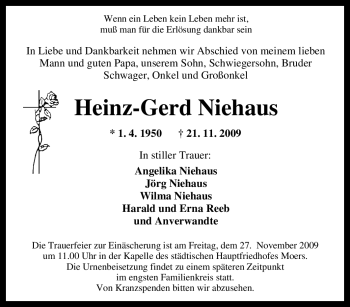 Traueranzeige von Heinz-Gerd Niehaus von Tageszeitung