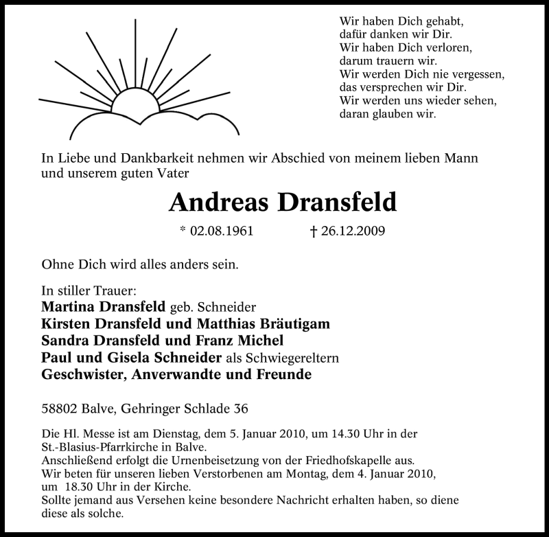  Traueranzeige für Andreas Dransfeld vom 29.12.2009 aus Tageszeitung