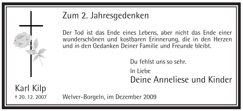  Traueranzeige für Karl Kilp vom 19.12.2009 aus WESTDEUTSCHE ALLGEMEINE ZEITUNG