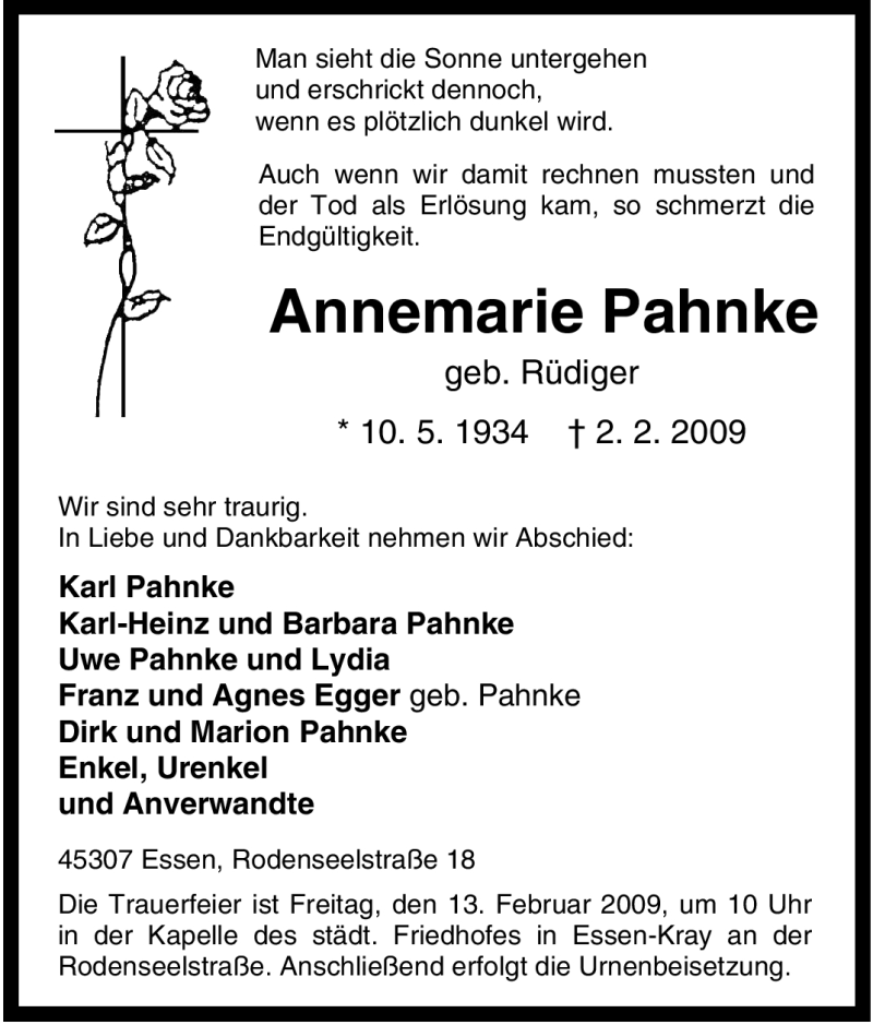  Traueranzeige für Annemarie Pahnke vom 07.02.2009 aus WESTDEUTSCHE ALLGEMEINE ZEITUNG