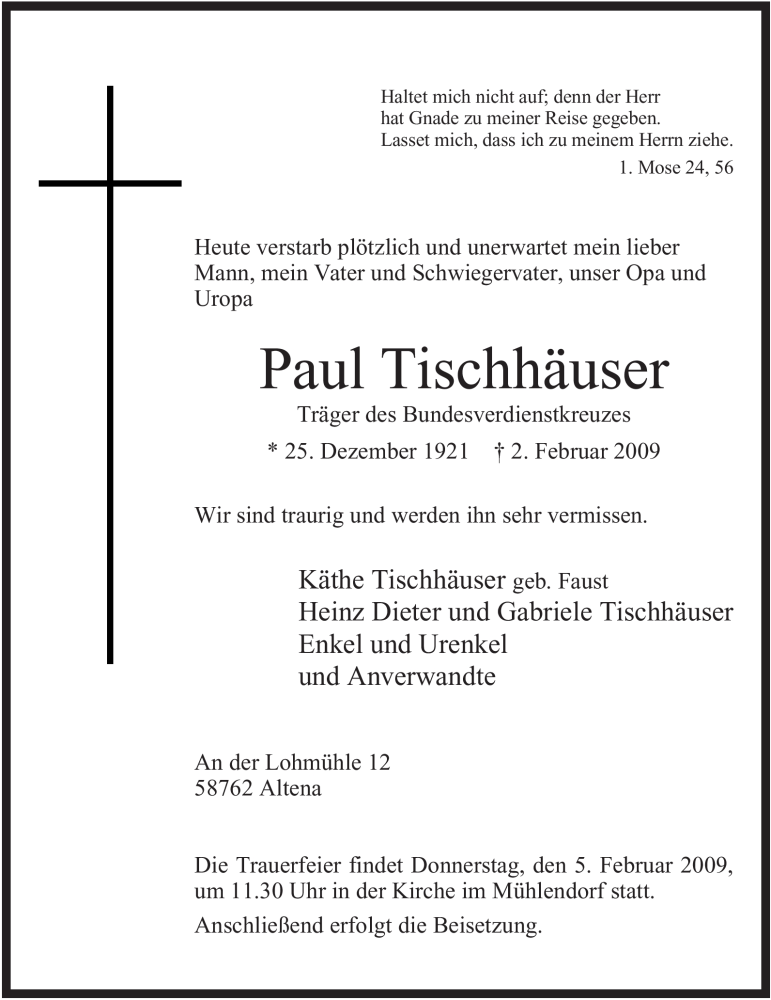  Traueranzeige für Paul Tischhäuser vom 03.02.2009 aus Tageszeitung