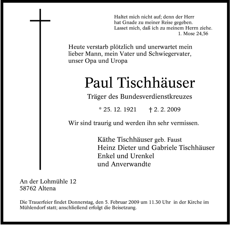  Traueranzeige für Paul Tischhäuser vom 03.02.2009 aus Tageszeitung