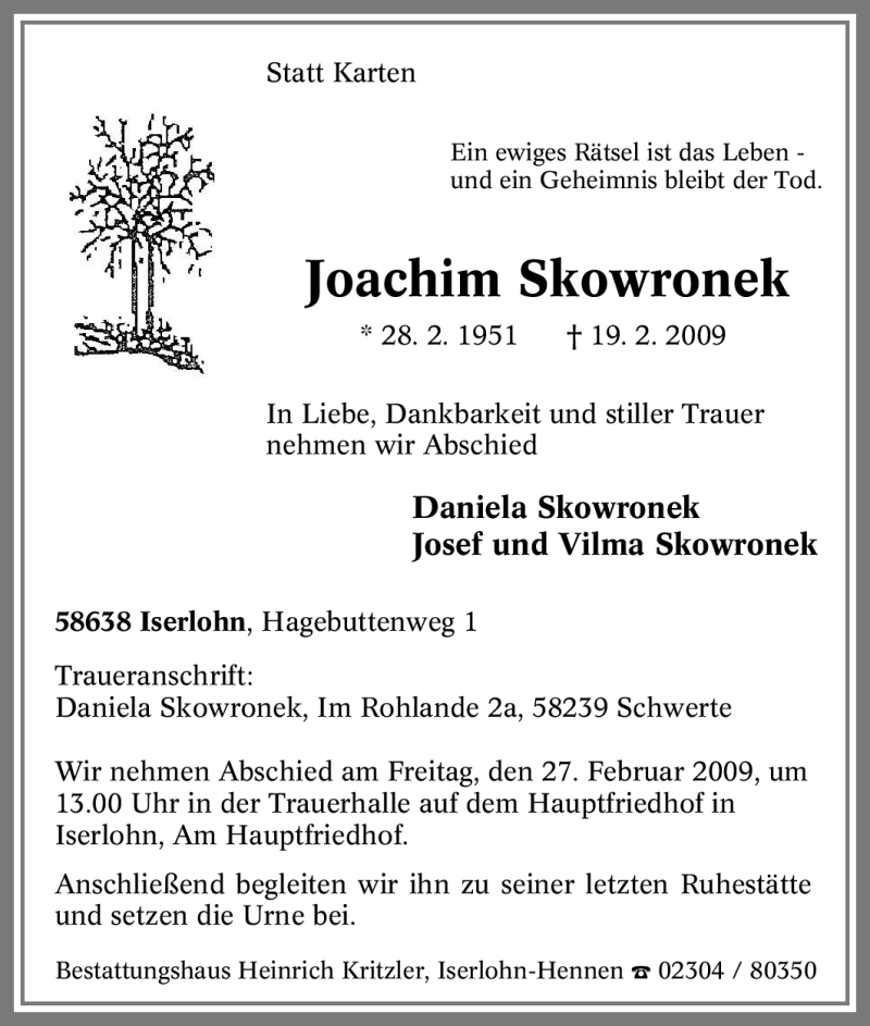  Traueranzeige für Joachim Skowronek vom 24.02.2009 aus Tageszeitung