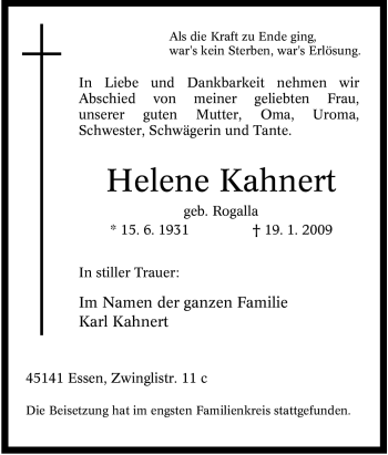 Traueranzeige von Helene Kahnert von WESTDEUTSCHE ALLGEMEINE ZEITUNG