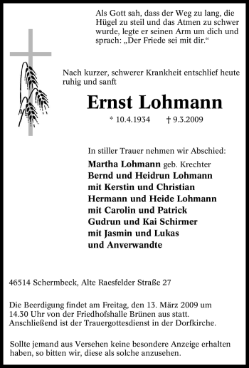 Traueranzeige von Ernst Lohmann von Tageszeitung