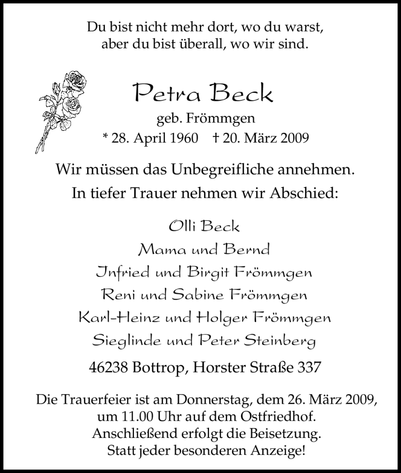  Traueranzeige für Petra Beck vom 24.03.2009 aus Tageszeitung